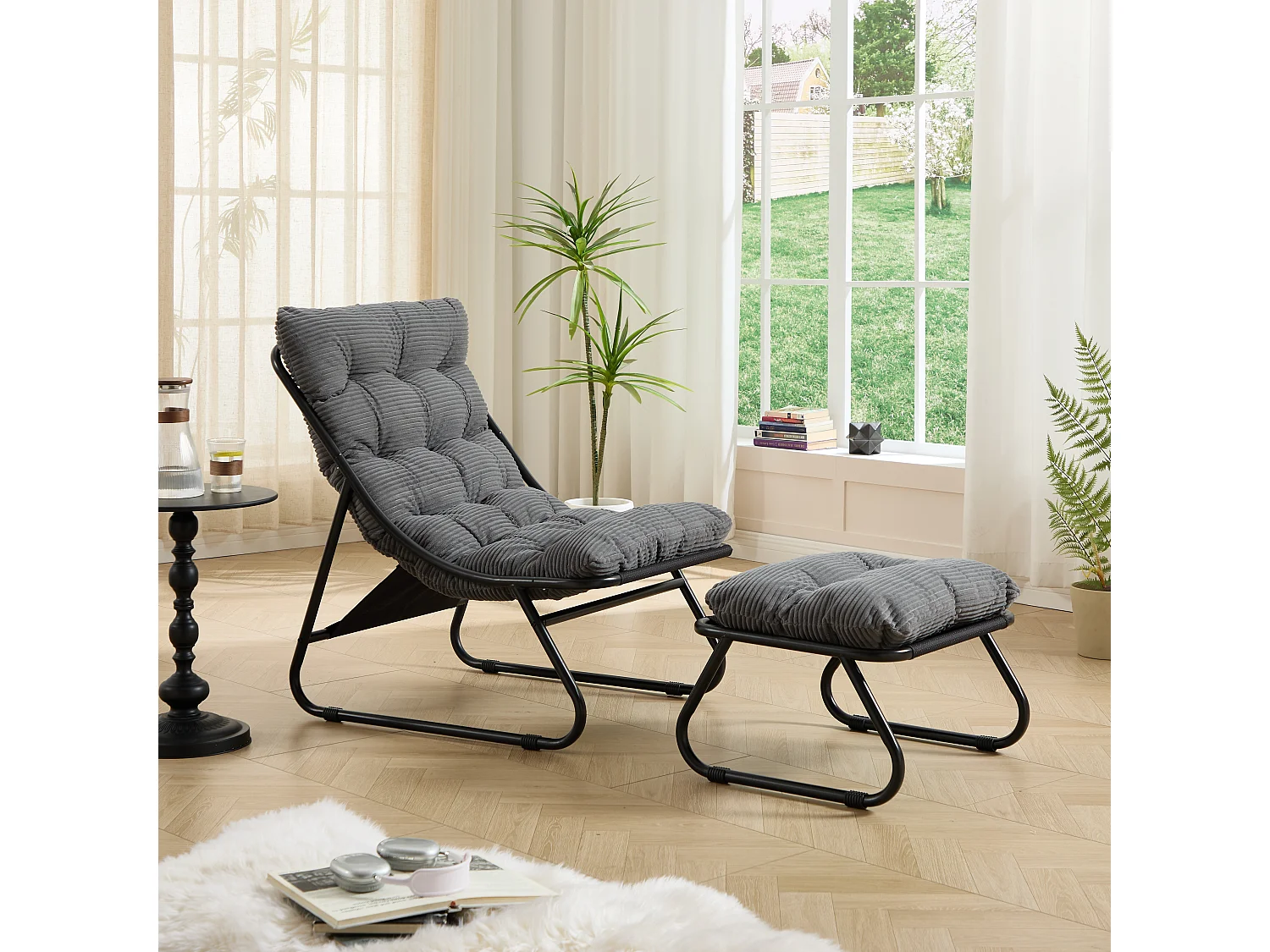 Fauteuil de jardin avec repose-pieds - Coussin en velour côtelé gris