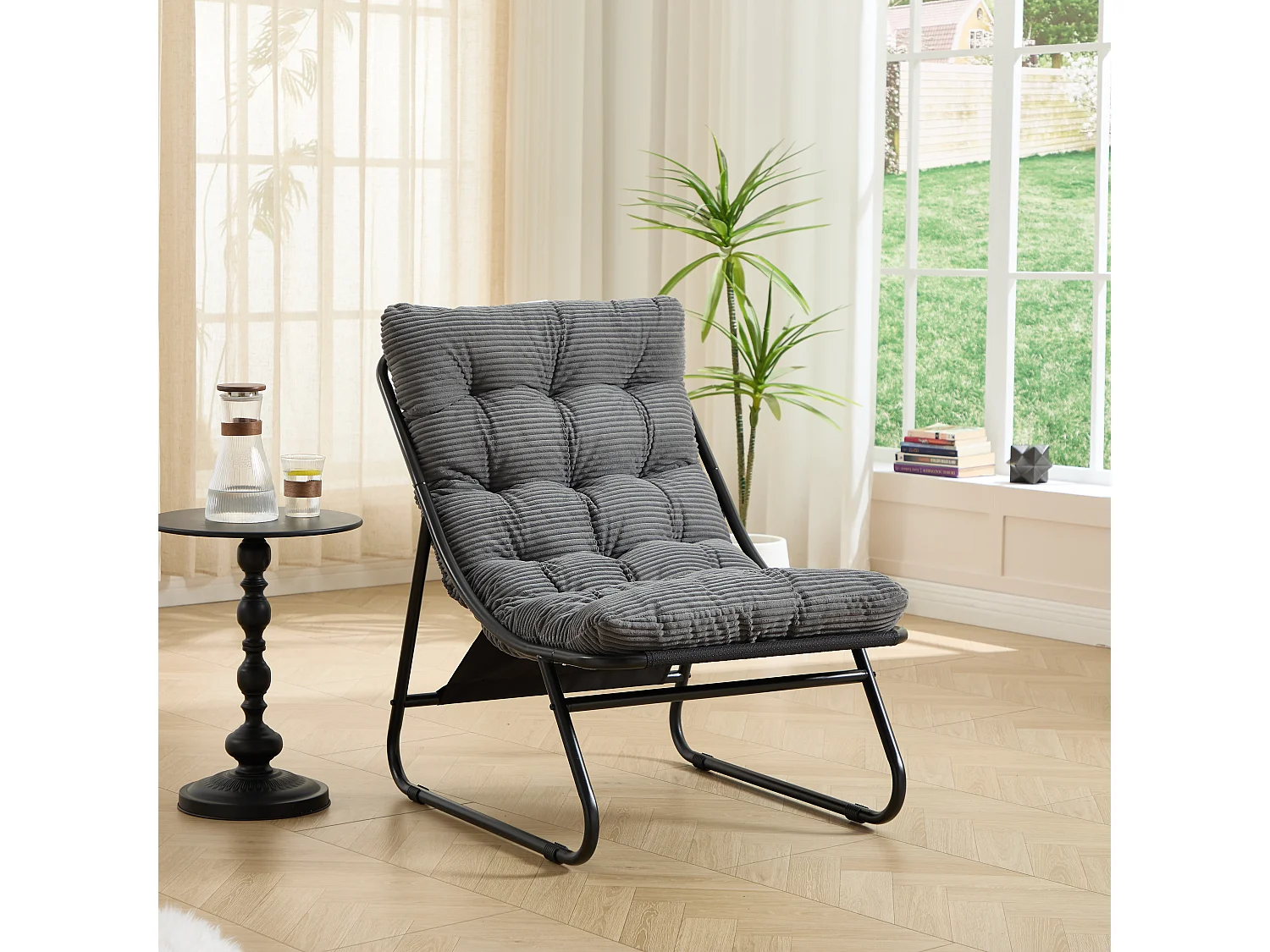 Fauteuil de jardin avec repose-pieds - Coussin en velour côtelé gris