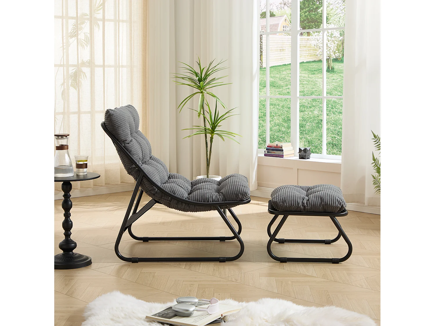 Fauteuil de jardin avec repose-pieds - Coussin en velour côtelé gris