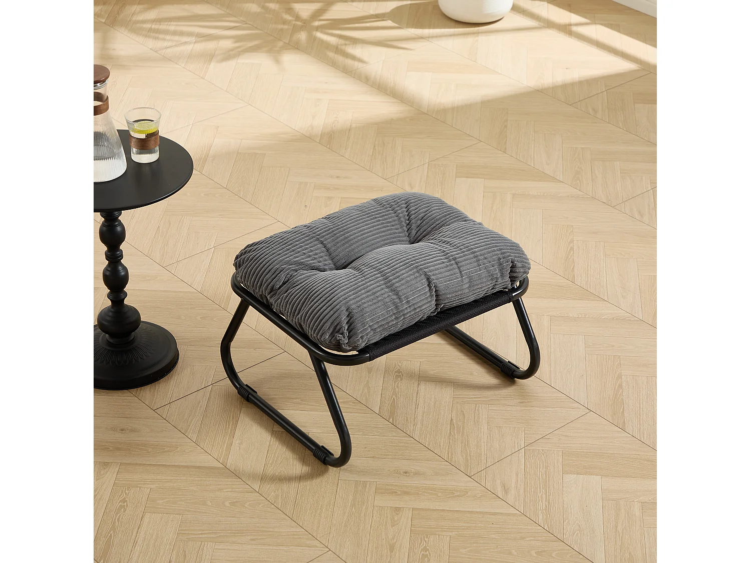 Fauteuil de jardin avec repose-pieds - Coussin en velour côtelé gris