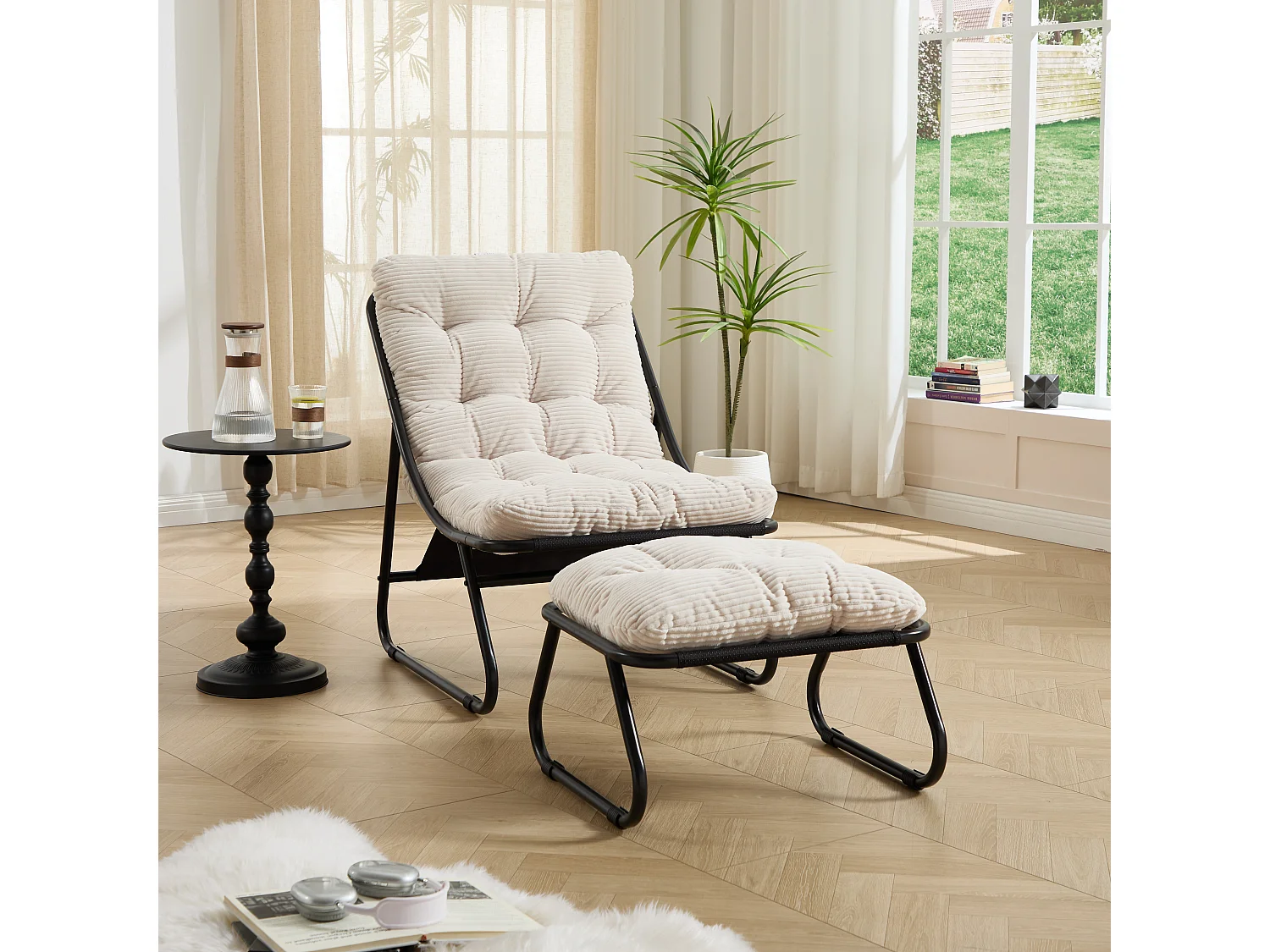 Fauteuil de jardin avec repose-pieds - Coussin en velour côtelé blanc