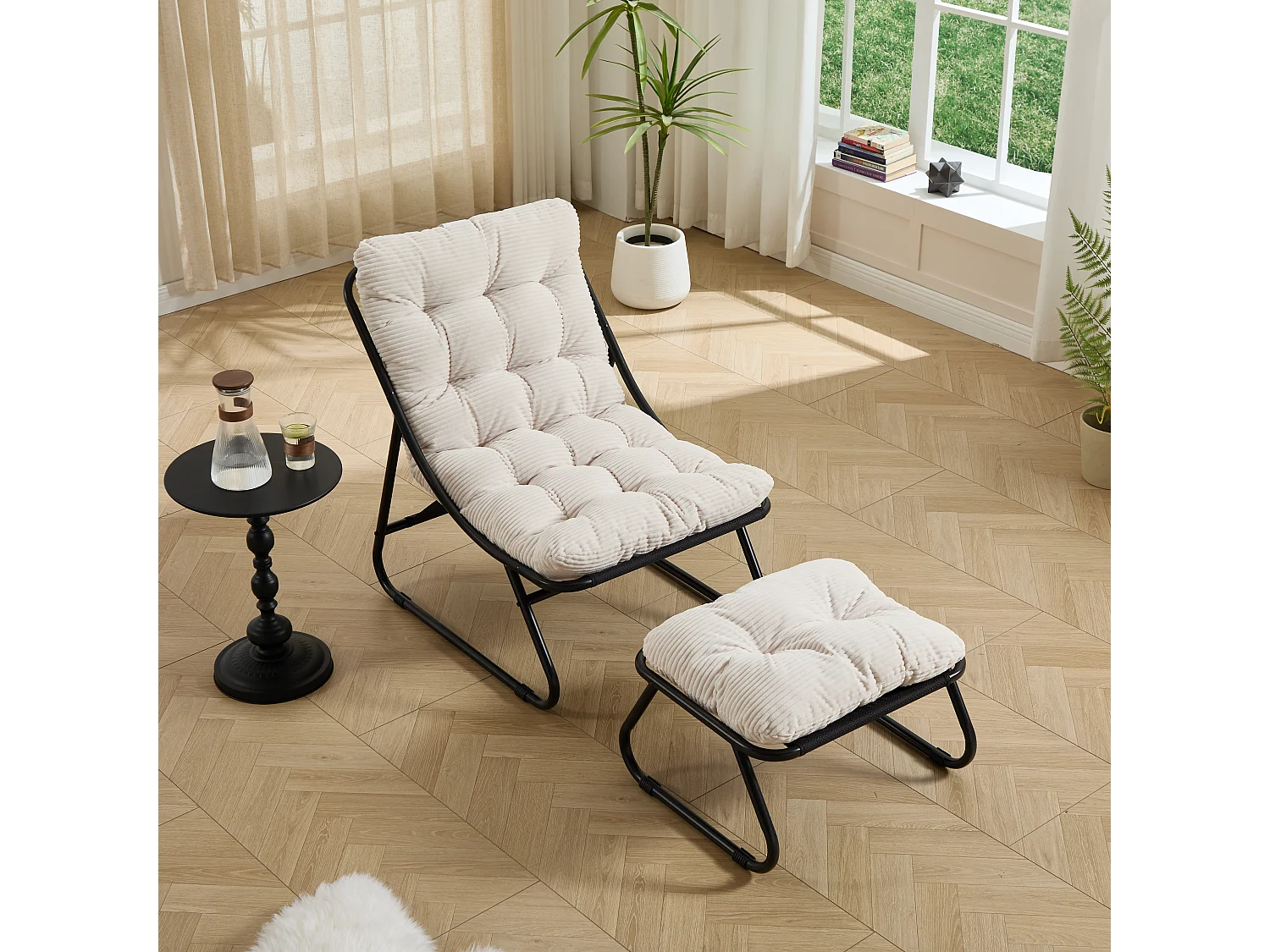 Fauteuil de jardin avec repose-pieds - Coussin en velour côtelé blanc