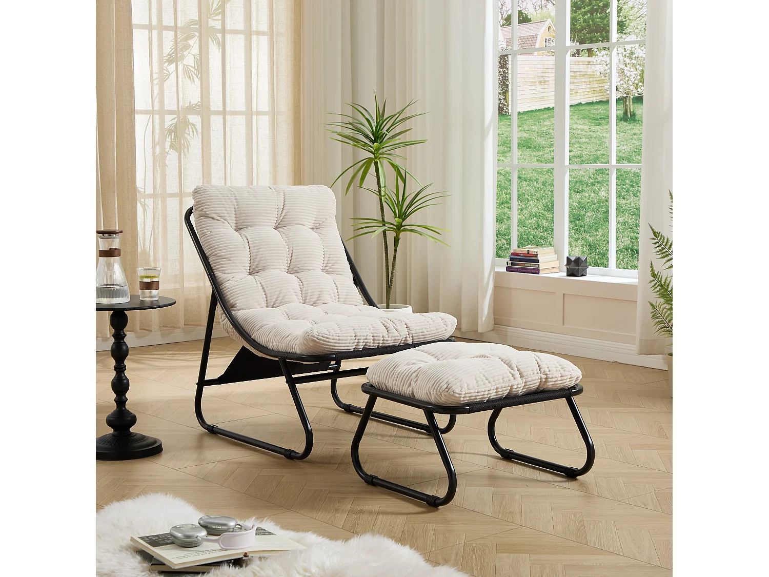 Fauteuil de jardin avec repose-pieds - Coussin en velour côtelé blanc