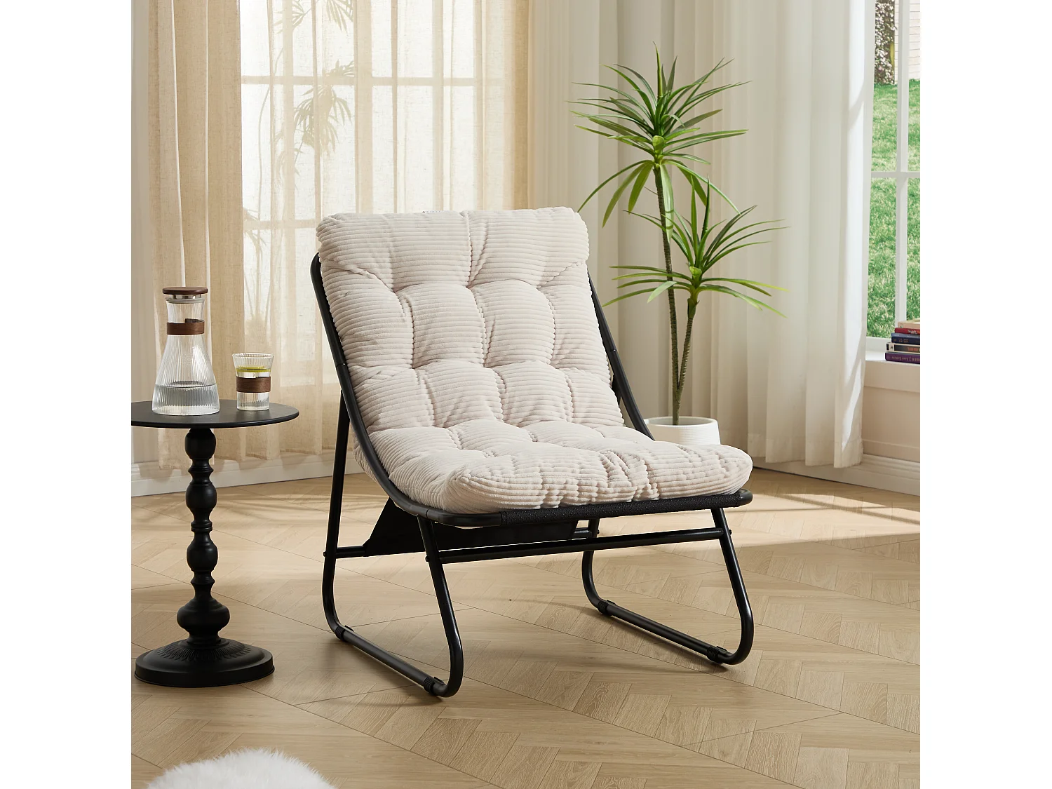 Fauteuil de jardin avec repose-pieds - Coussin en velour côtelé blanc