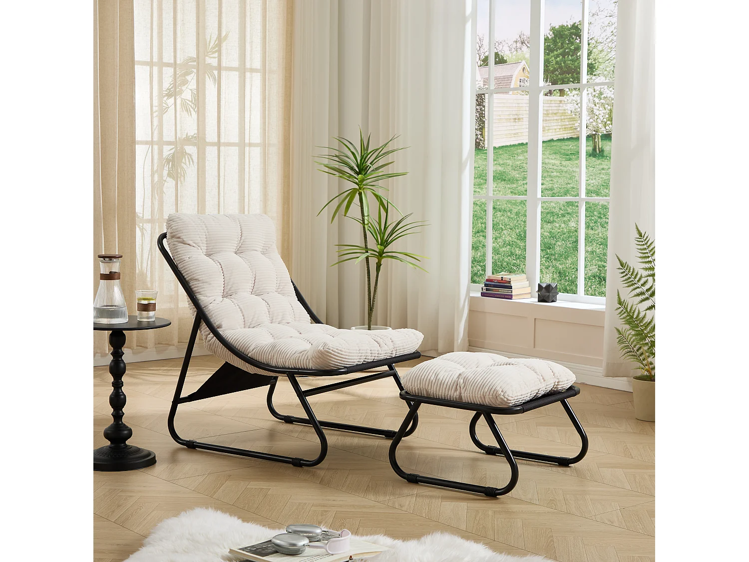 Fauteuil de jardin avec repose-pieds - Coussin en velour côtelé blanc