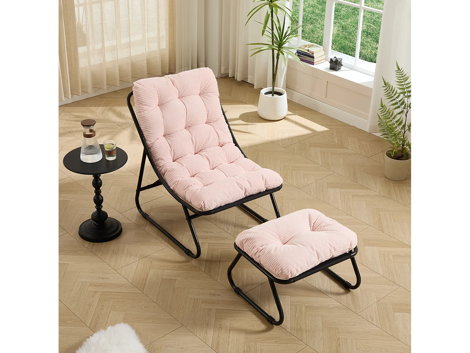 Fauteuil de jardin avec repose-pieds - Coussin en velour côtelé rose