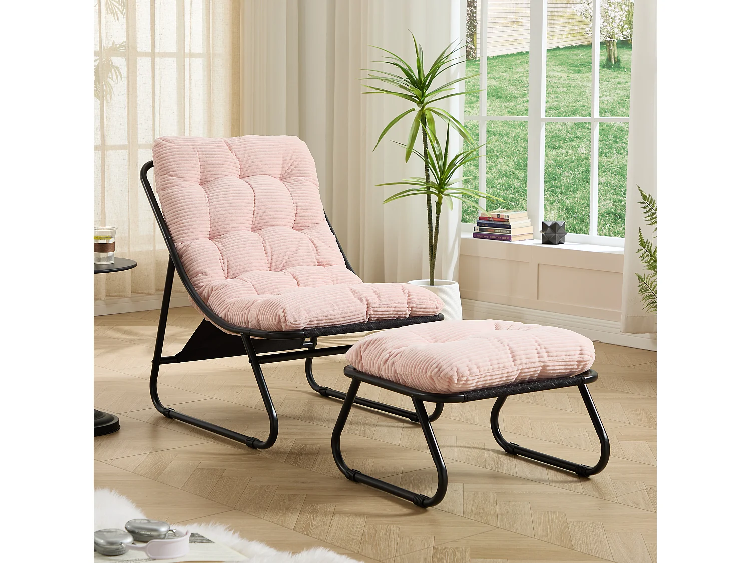 Fauteuil de jardin avec repose-pieds - Coussin en velour côtelé rose