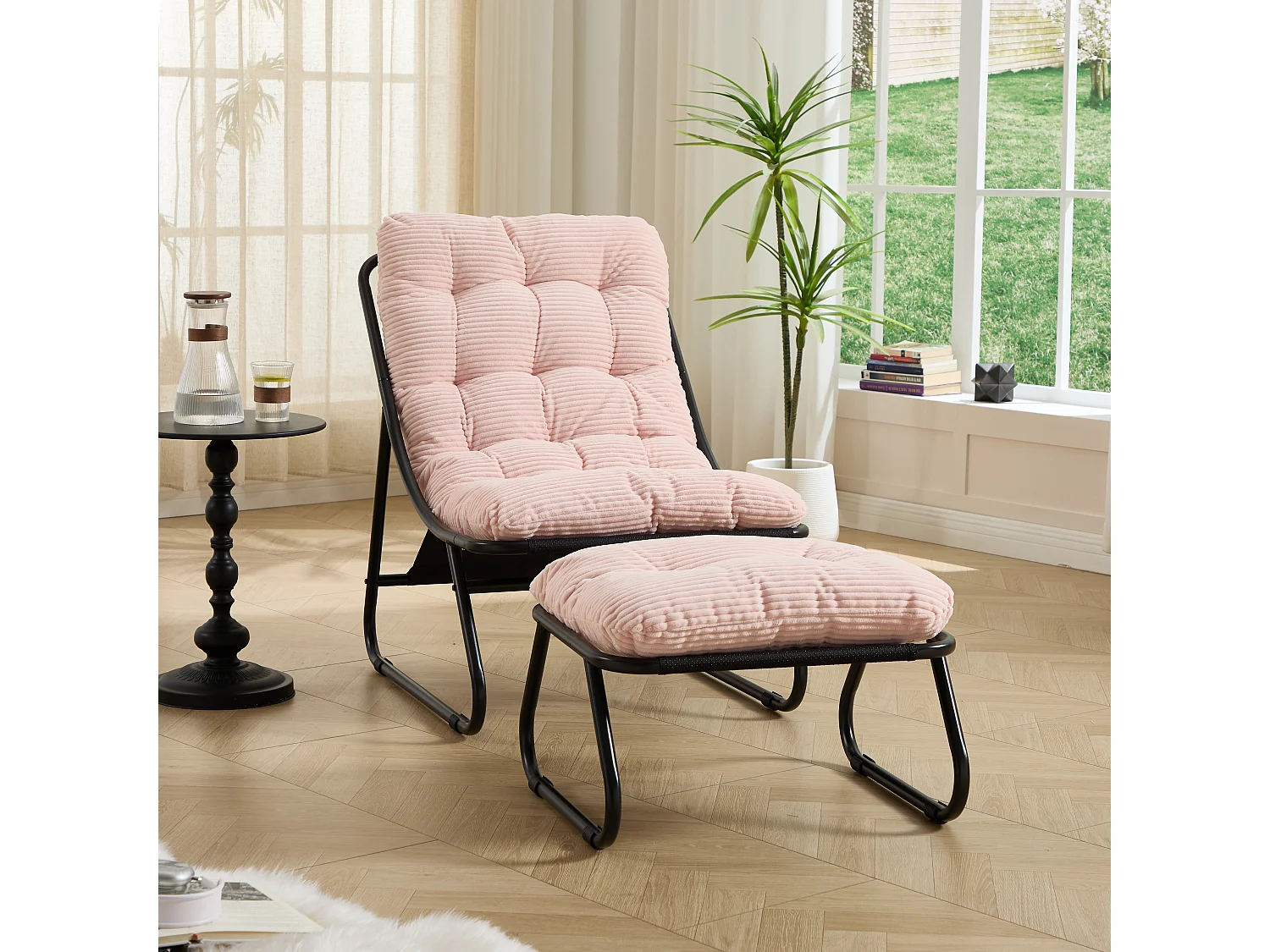 Fauteuil de jardin avec repose-pieds - Coussin en velour côtelé rose