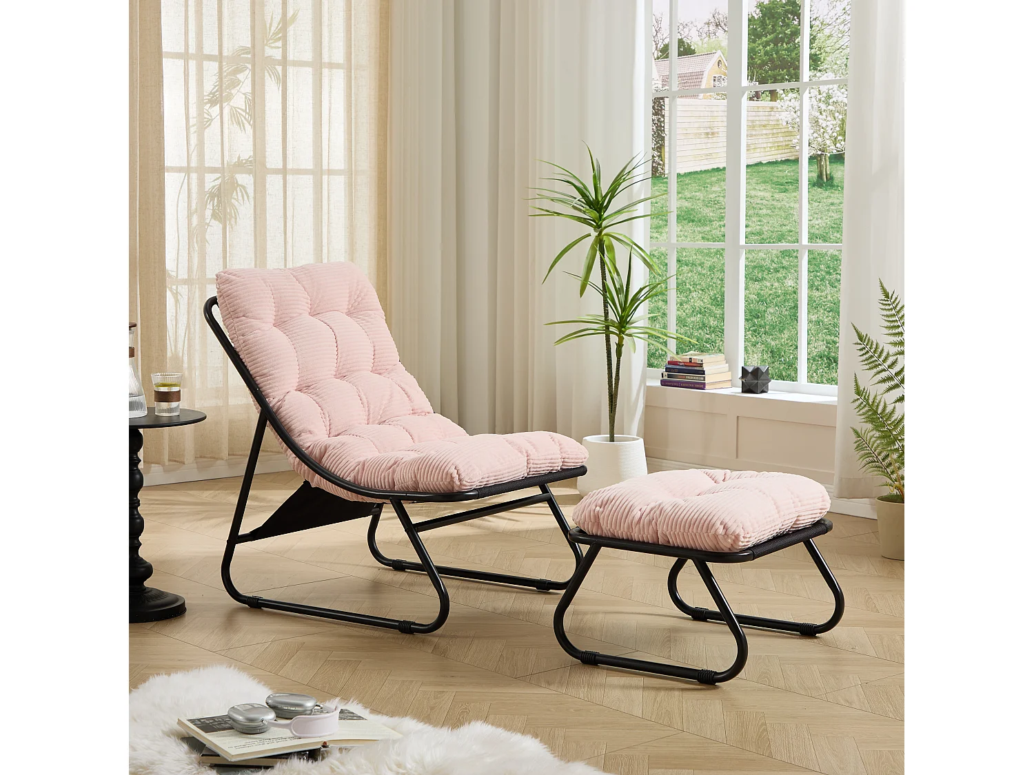 Fauteuil de jardin avec repose-pieds - Coussin en velour côtelé rose