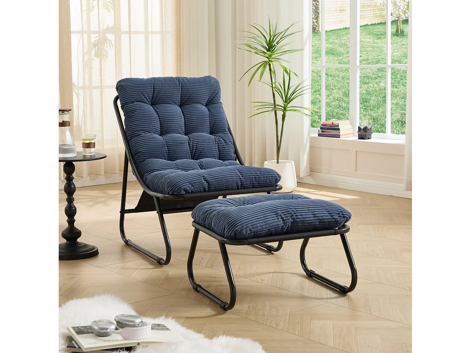 Fauteuil de jardin avec repose-pieds - Coussin en velour côtelé bleu marine