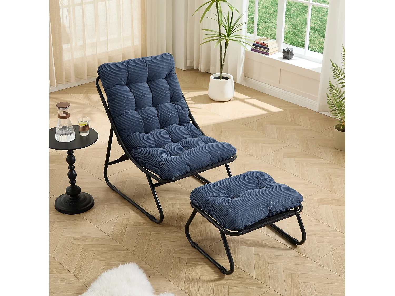 Fauteuil de jardin avec repose-pieds - Coussin en velour côtelé bleu marine