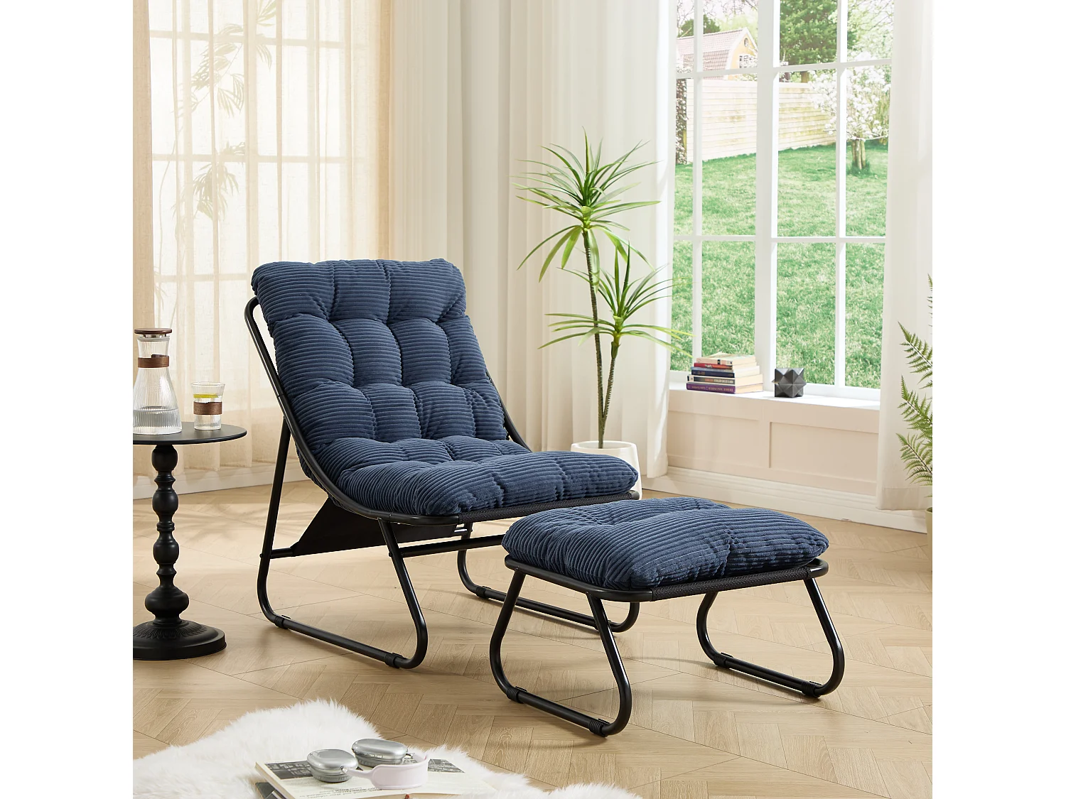 Fauteuil de jardin avec repose-pieds - Coussin en velour côtelé bleu marine