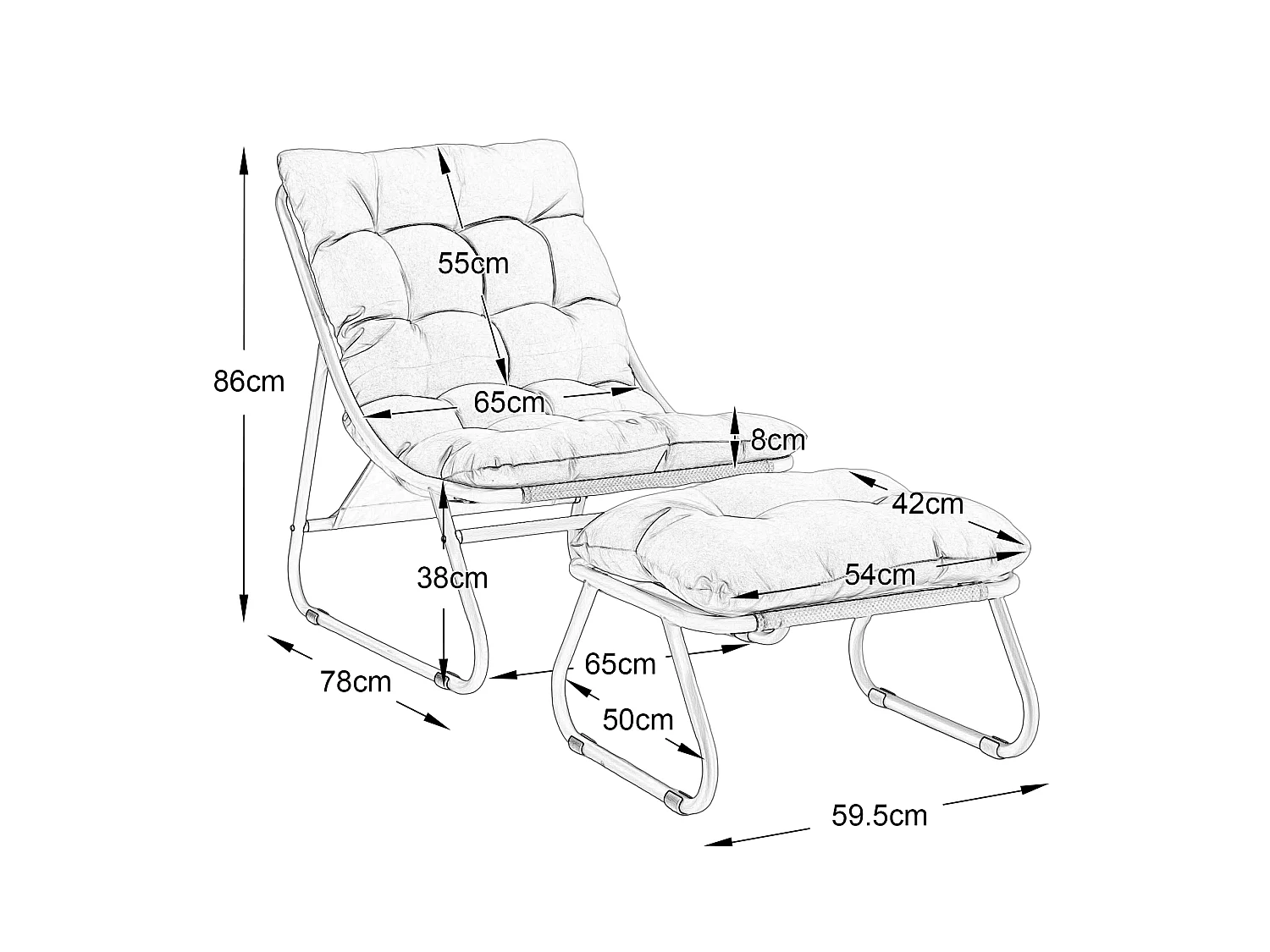 Fauteuil de jardin avec repose-pieds - Coussin en velour côtelé bleu marine
