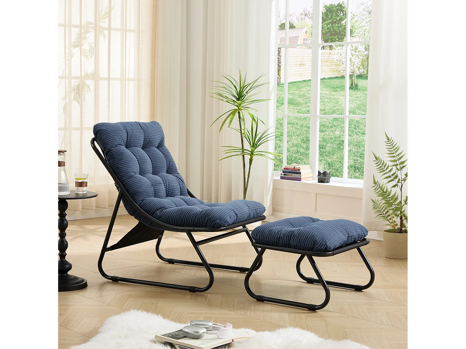 Fauteuil de jardin avec repose-pieds - Coussin en velour côtelé bleu marine