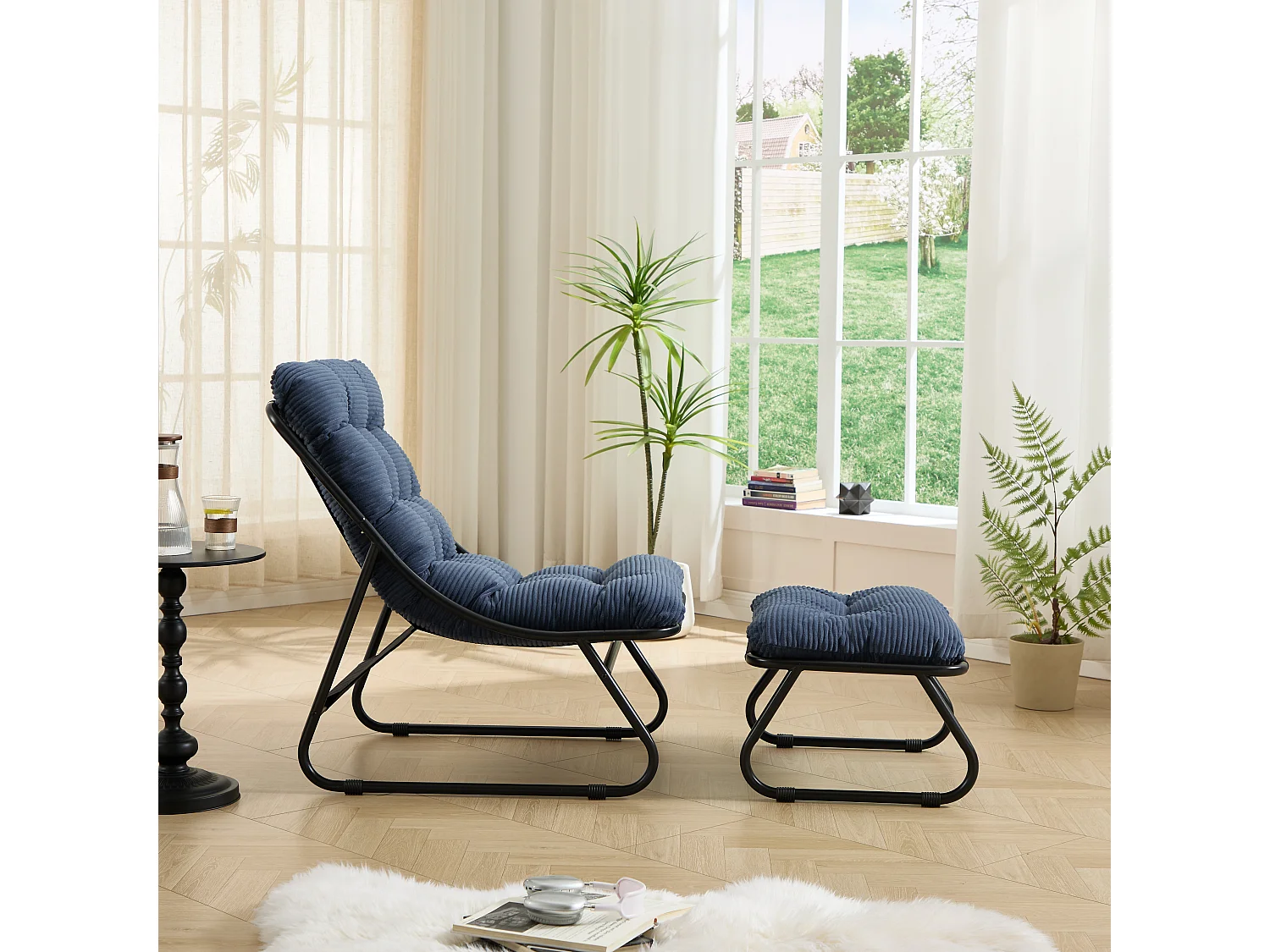 Fauteuil de jardin avec repose-pieds - Coussin en velour côtelé bleu marine