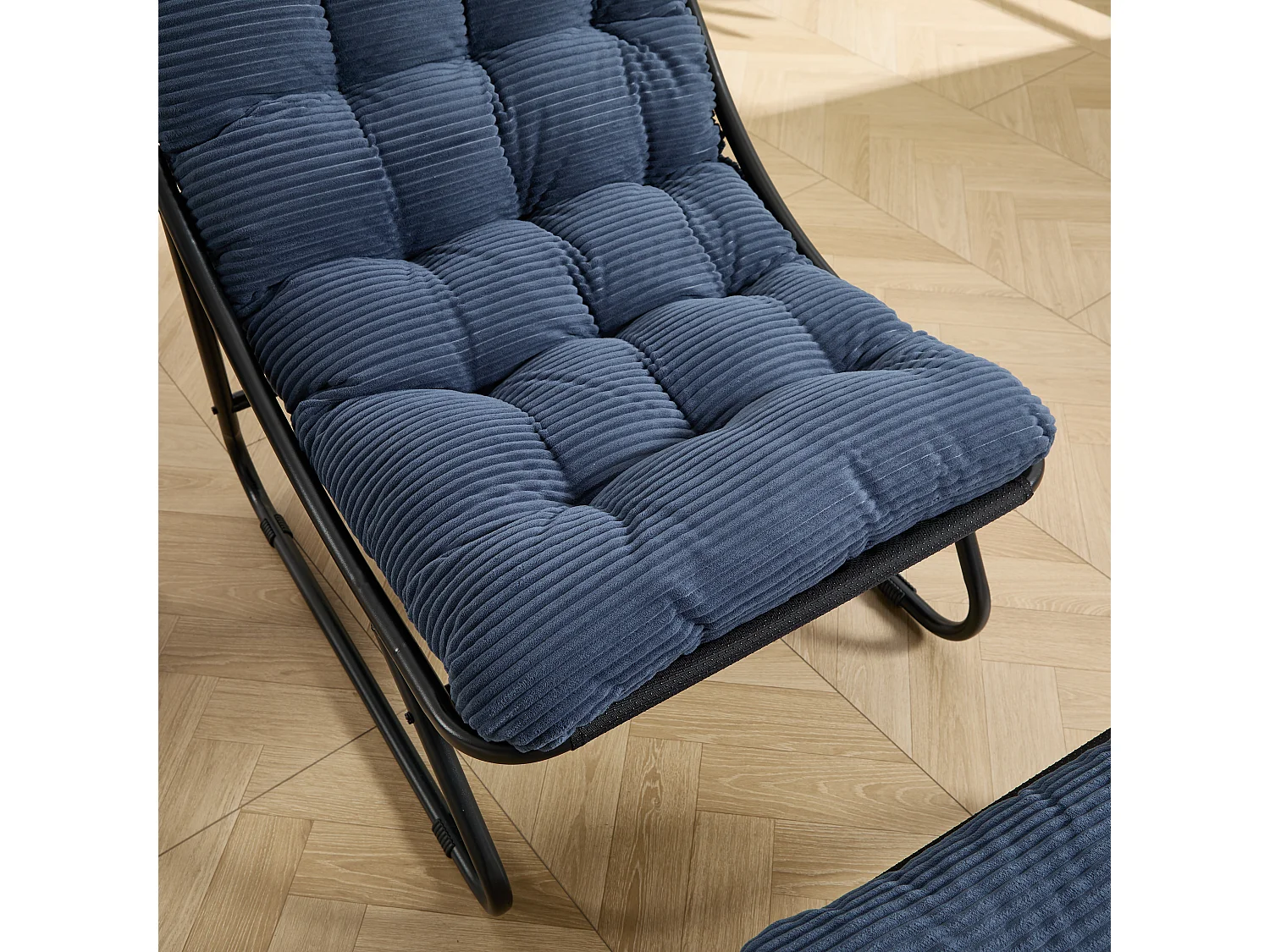 Fauteuil de jardin avec repose-pieds - Coussin en velour côtelé bleu marine