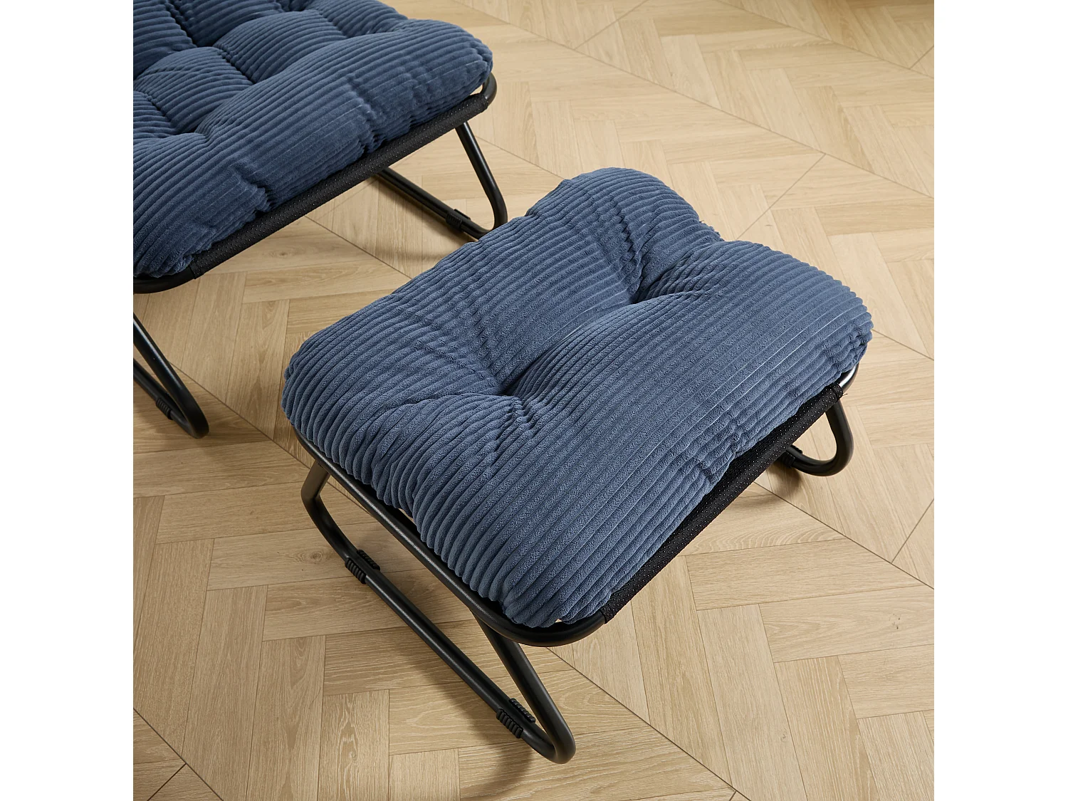Fauteuil de jardin avec repose-pieds - Coussin en velour côtelé bleu marine