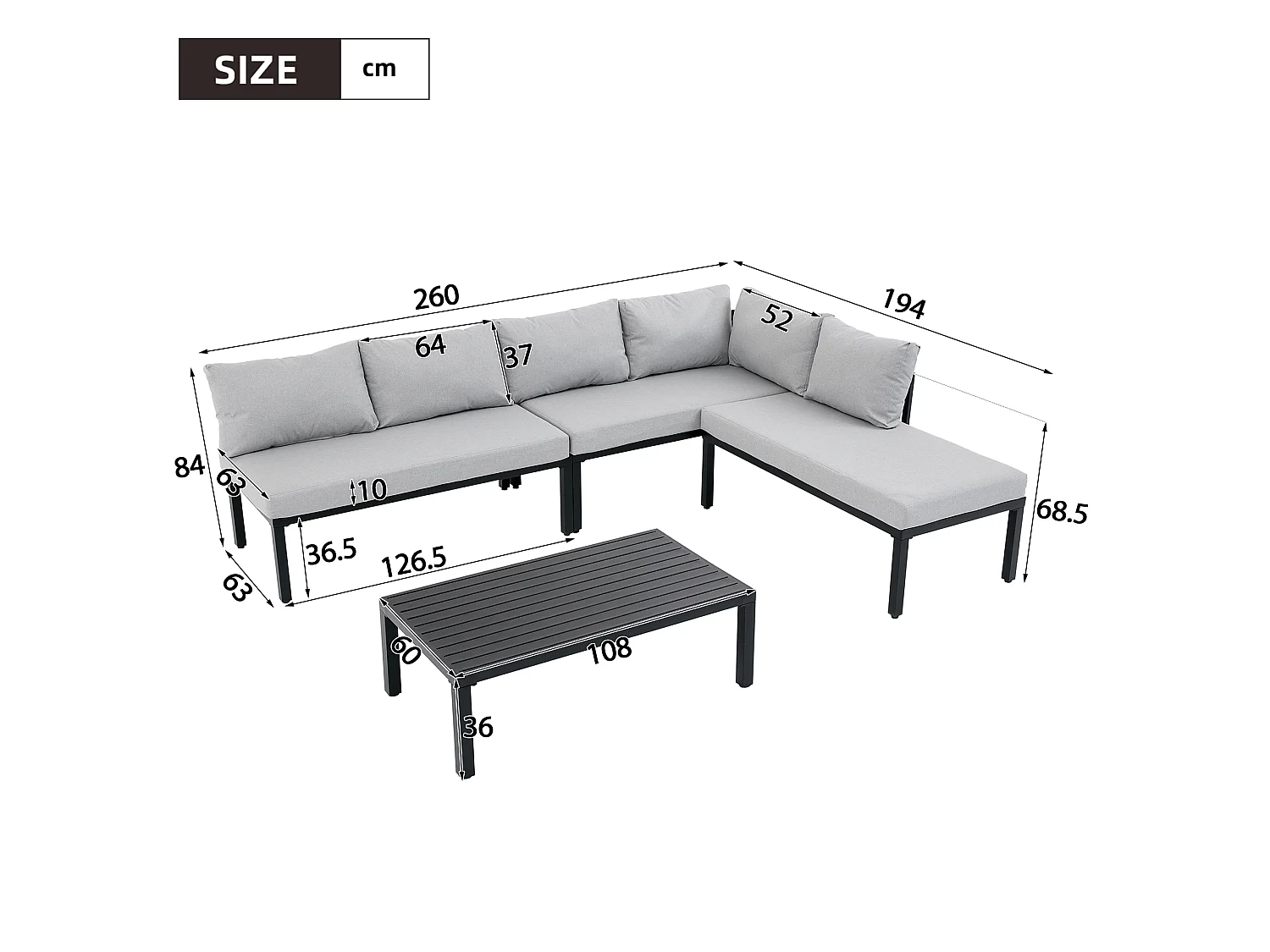 6-persoons tuinset met verstelbare poten - Modulaire bank en tafel, grijze stof
