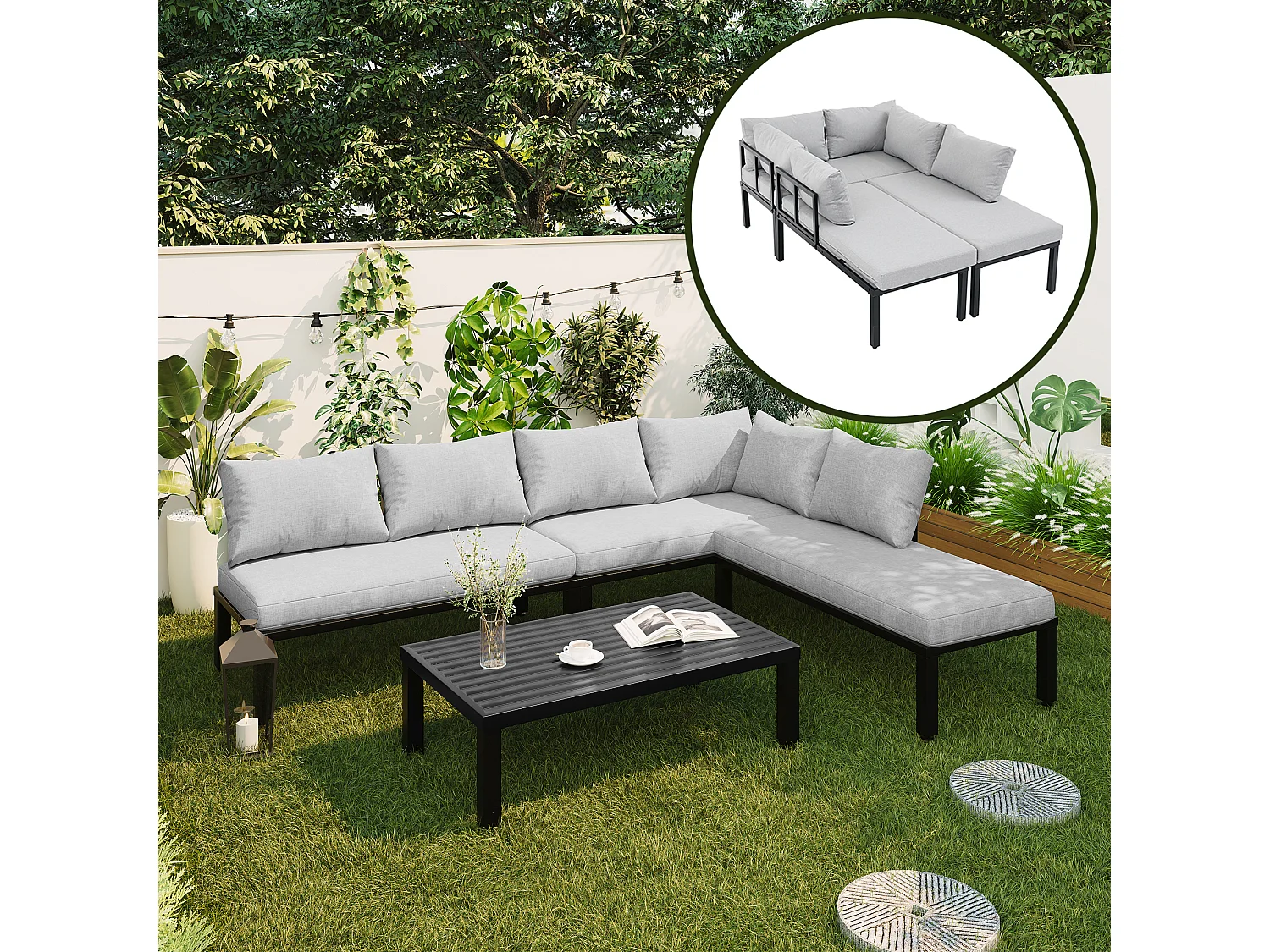 6-persoons tuinset met verstelbare poten - Modulaire bank en tafel, grijze stof