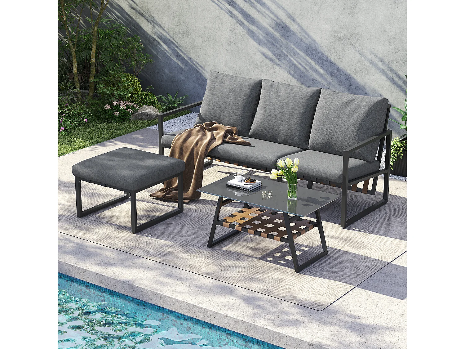 3-sits trädgårdsmöbelset i stål och grått tyg: 3-sits soffa, fotpall och 1 bord