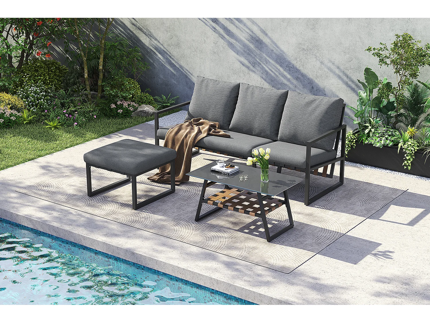 3-sits trädgårdsmöbelset i stål och grått tyg: 3-sits soffa, fotpall och 1 bord