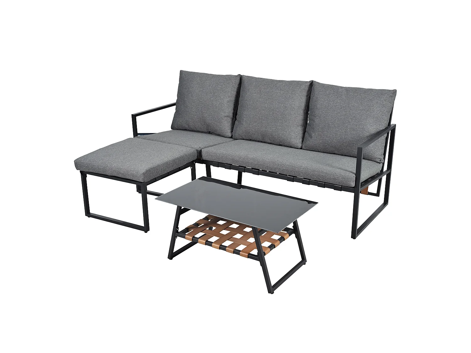3-sits trädgårdsmöbelset i stål och grått tyg: 3-sits soffa, fotpall och 1 bord
