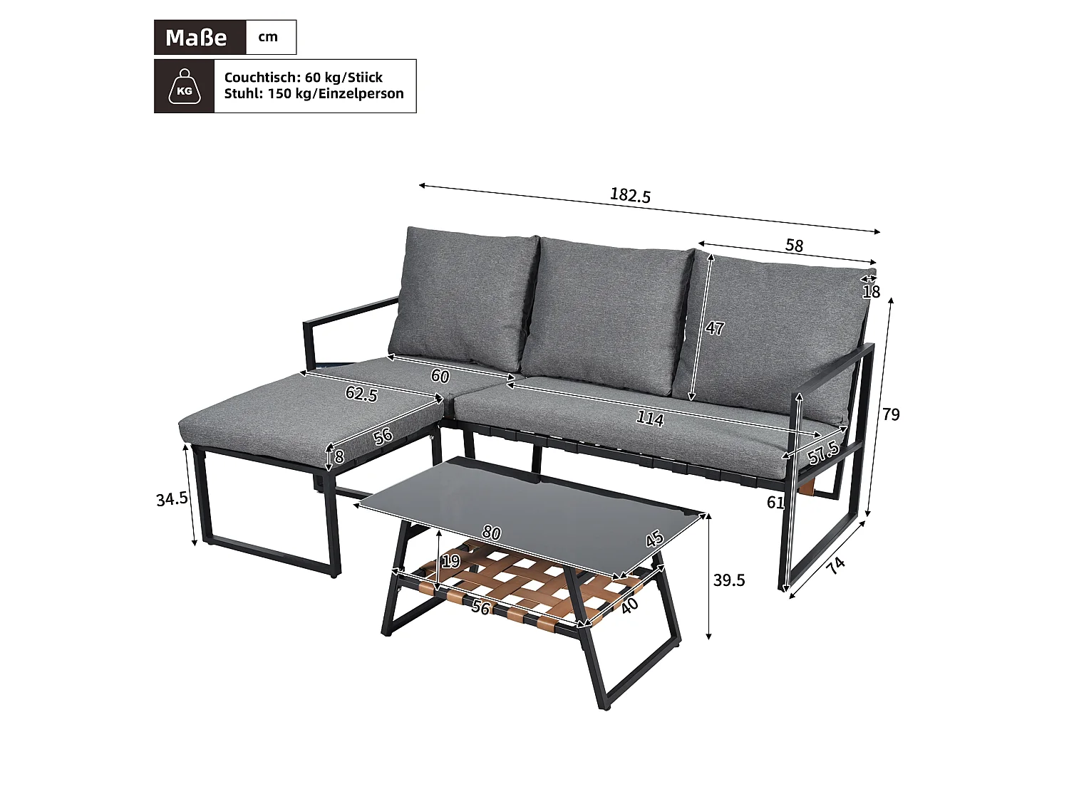 3-sits trädgårdsmöbelset i stål och grått tyg: 3-sits soffa, fotpall och 1 bord