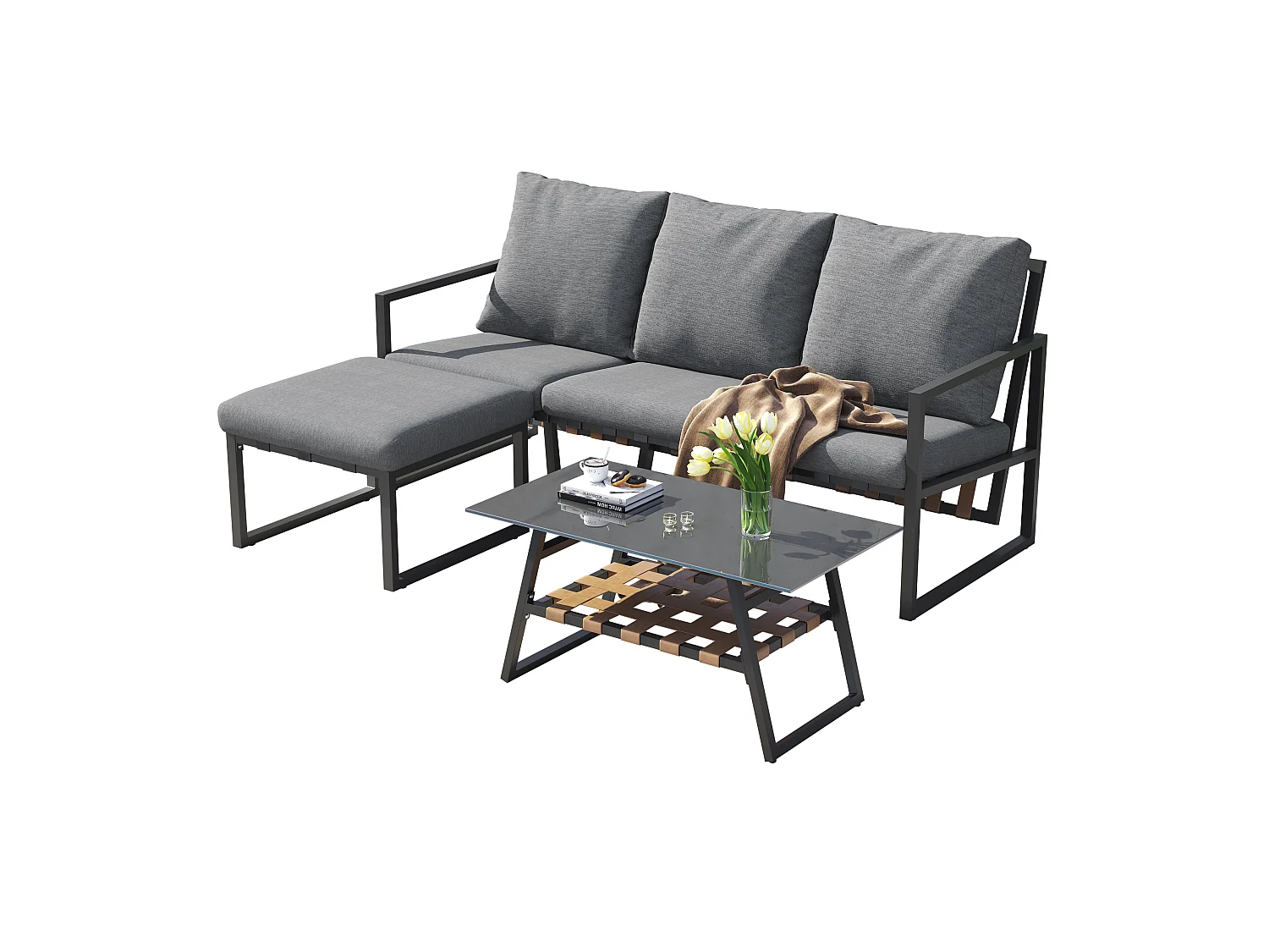 3-sits trädgårdsmöbelset i stål och grått tyg: 3-sits soffa, fotpall och 1 bord