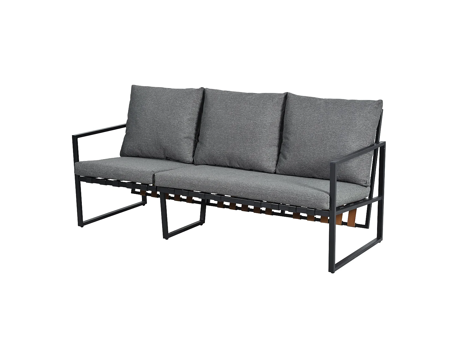 3-sits trädgårdsmöbelset i stål och grått tyg: 3-sits soffa, fotpall och 1 bord