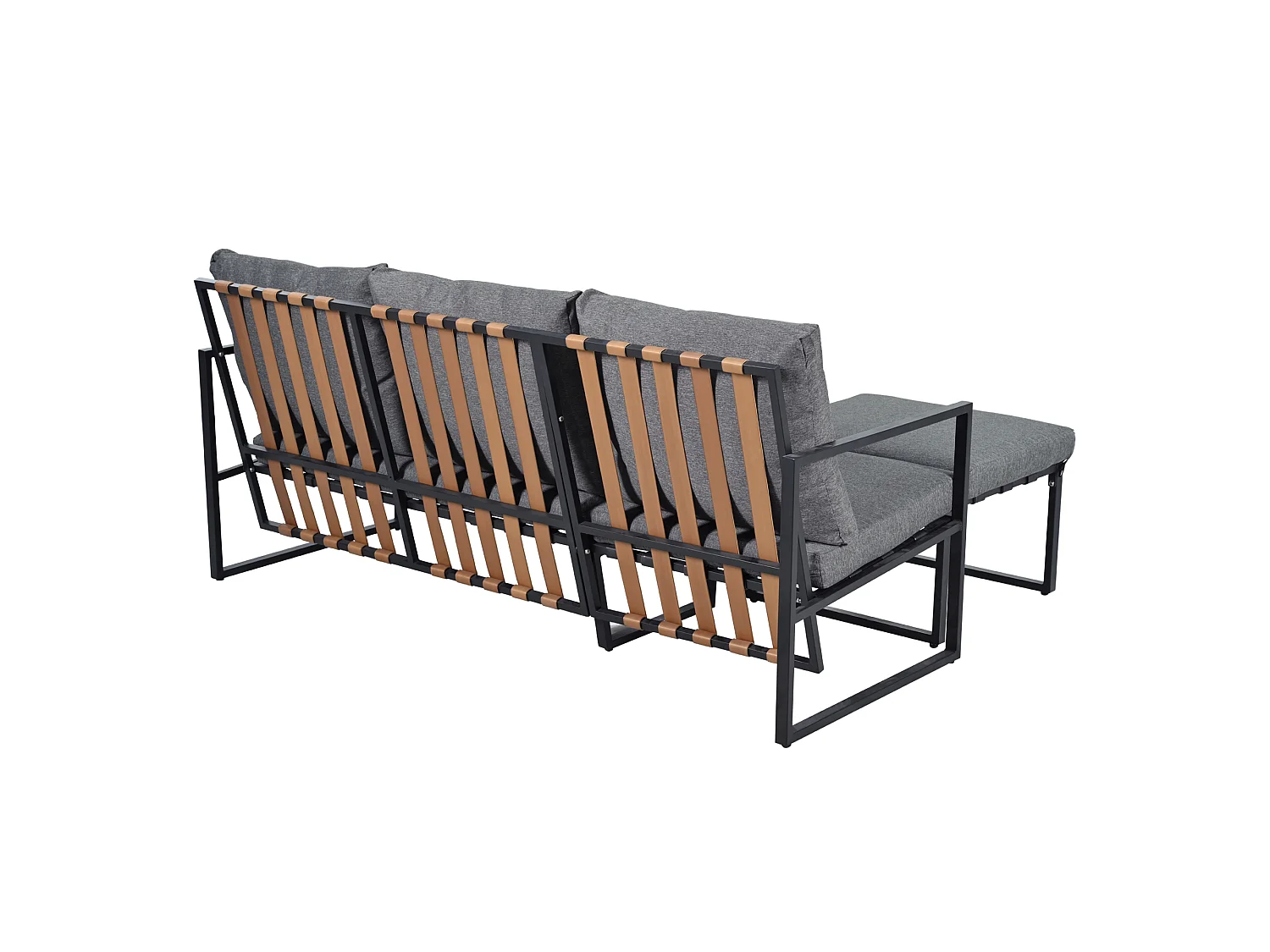 3-sits trädgårdsmöbelset i stål och grått tyg: 3-sits soffa, fotpall och 1 bord