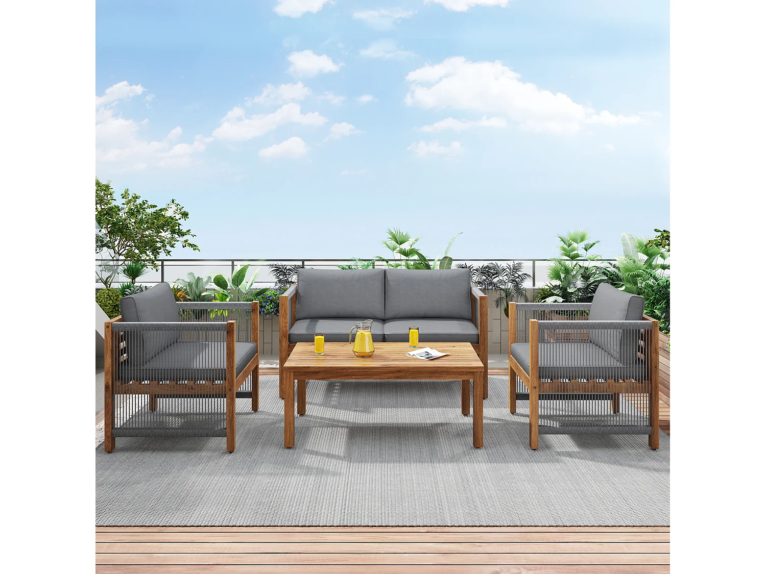 Salon de jardin 4 places gris : canapé 2 places + 2 fauteuils et 1 table, aspect rotin