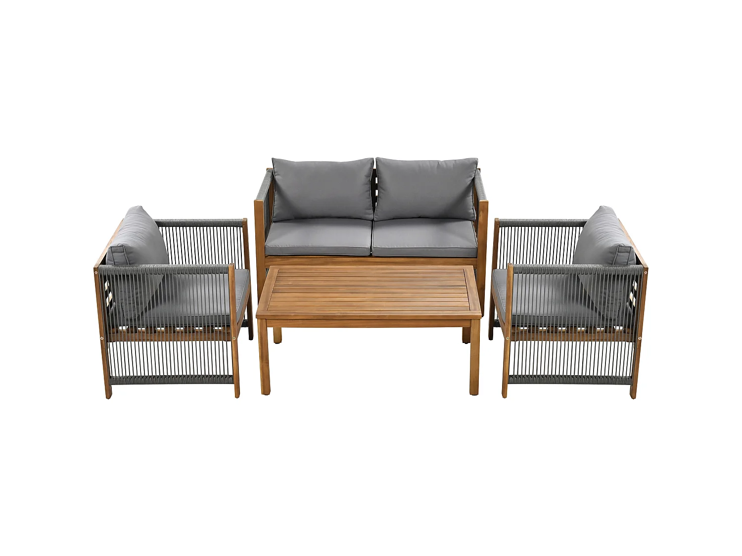 Salon de jardin 4 places gris : canapé 2 places + 2 fauteuils et 1 table, aspect rotin