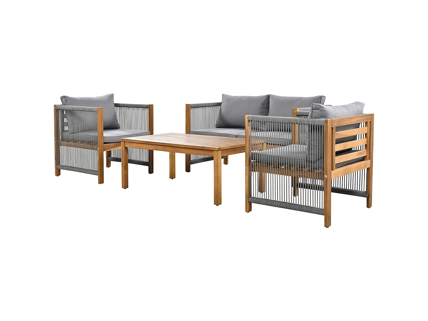 Salon de jardin 4 places gris : canapé 2 places + 2 fauteuils et 1 table, aspect rotin