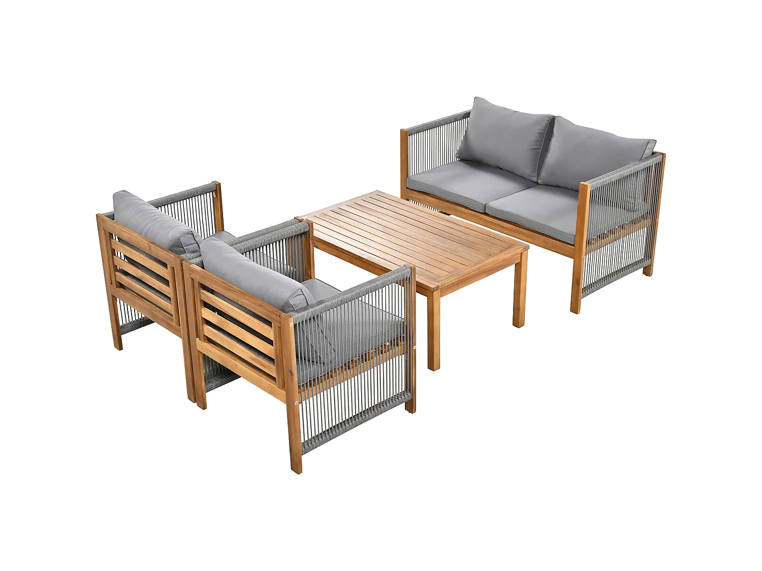 Salon de jardin 4 places gris : canapé 2 places + 2 fauteuils et 1 table, aspect rotin