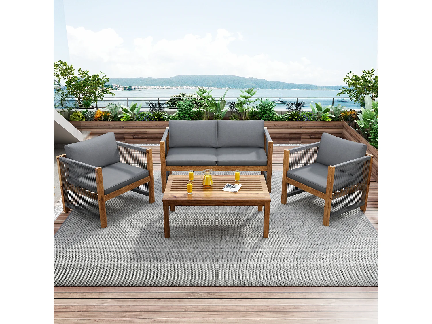 Salon de jardin 4 places gris : canapé 2 places + 2 fauteuils et 1 table, aspect rotin