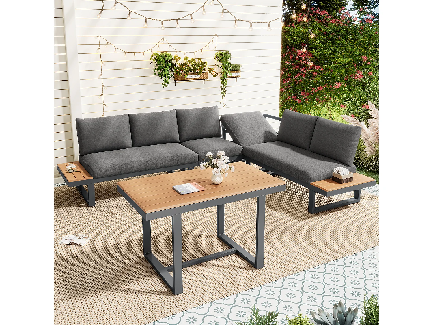 Salon de jardin d'angle avec fonction d'inclinaison réglable et table - Structure en acier, gris et noir