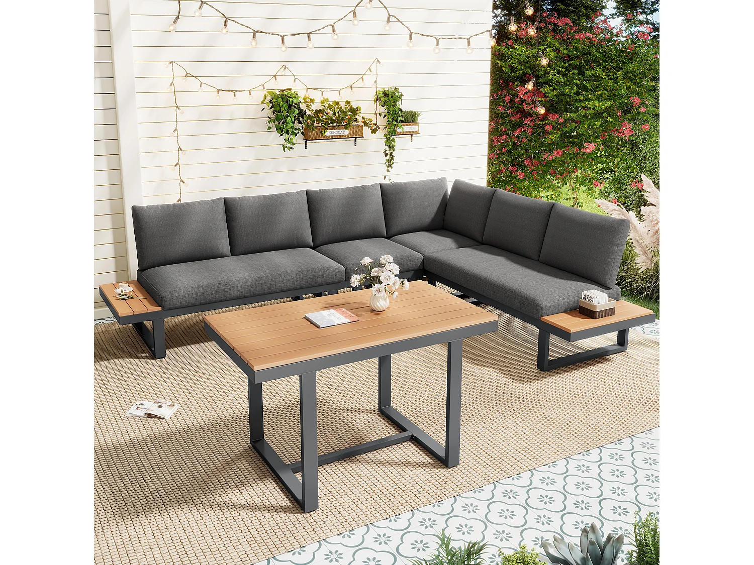 Salon de jardin d'angle avec fonction d'inclinaison réglable et table - Structure en acier, gris et noir