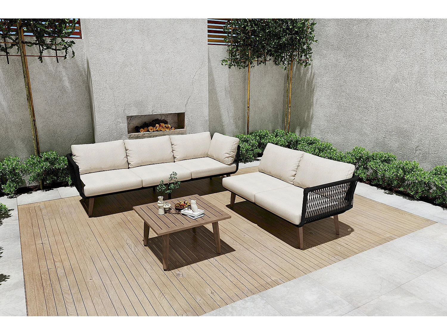 Salon de jardin modulable beige et noir : 2 canapés + table basse - Finitions en corde tressée