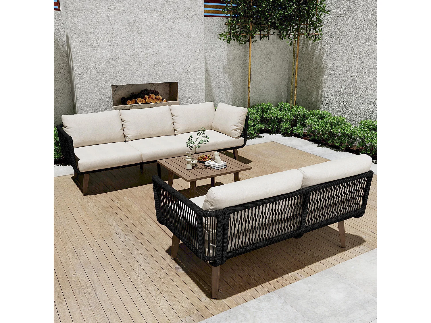Salon de jardin modulable beige et noir : 2 canapés + table basse - Finitions en corde tressée