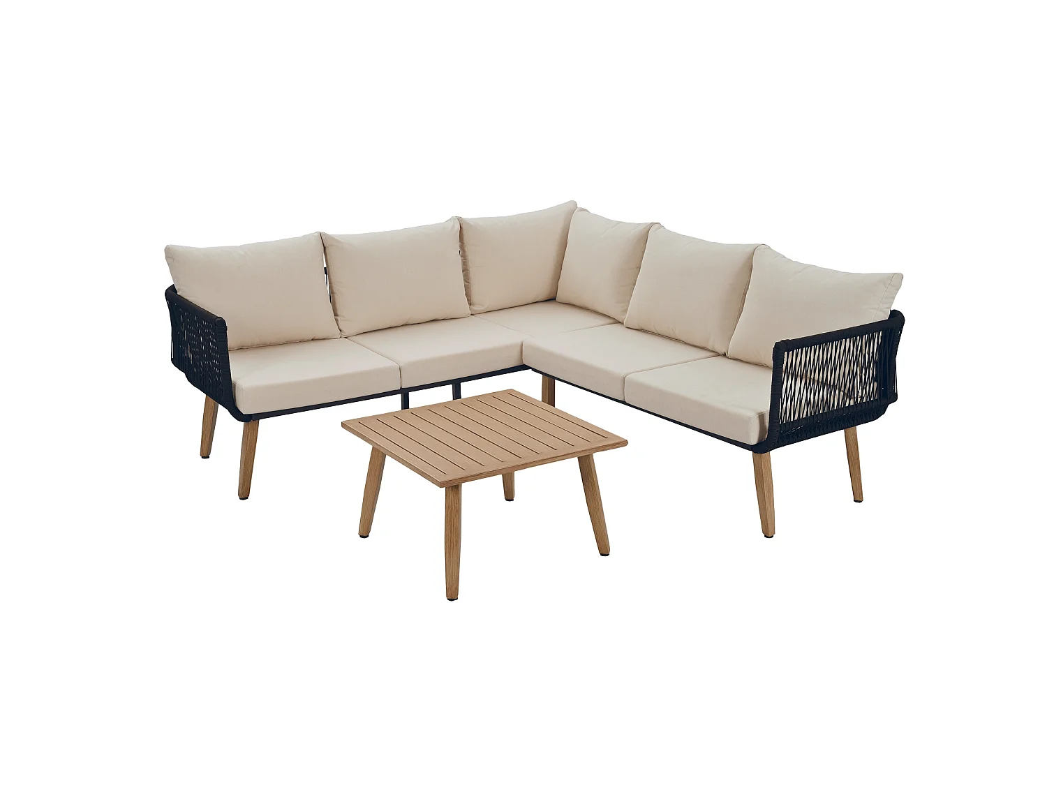 Salon de jardin modulable beige et noir : 2 canapés + table basse - Finitions en corde tressée