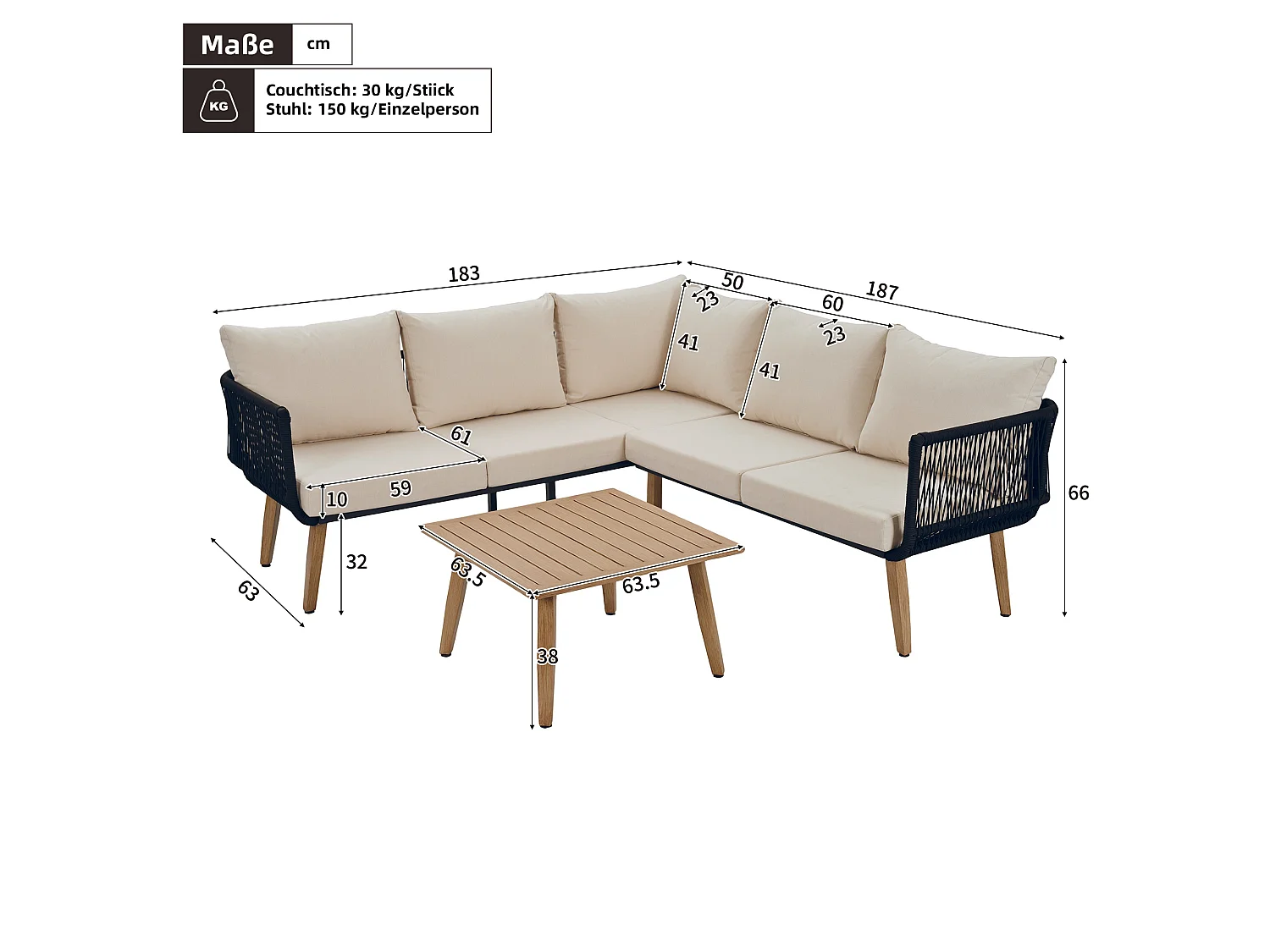 Salon de jardin modulable beige et noir : 2 canapés + table basse - Finitions en corde tressée