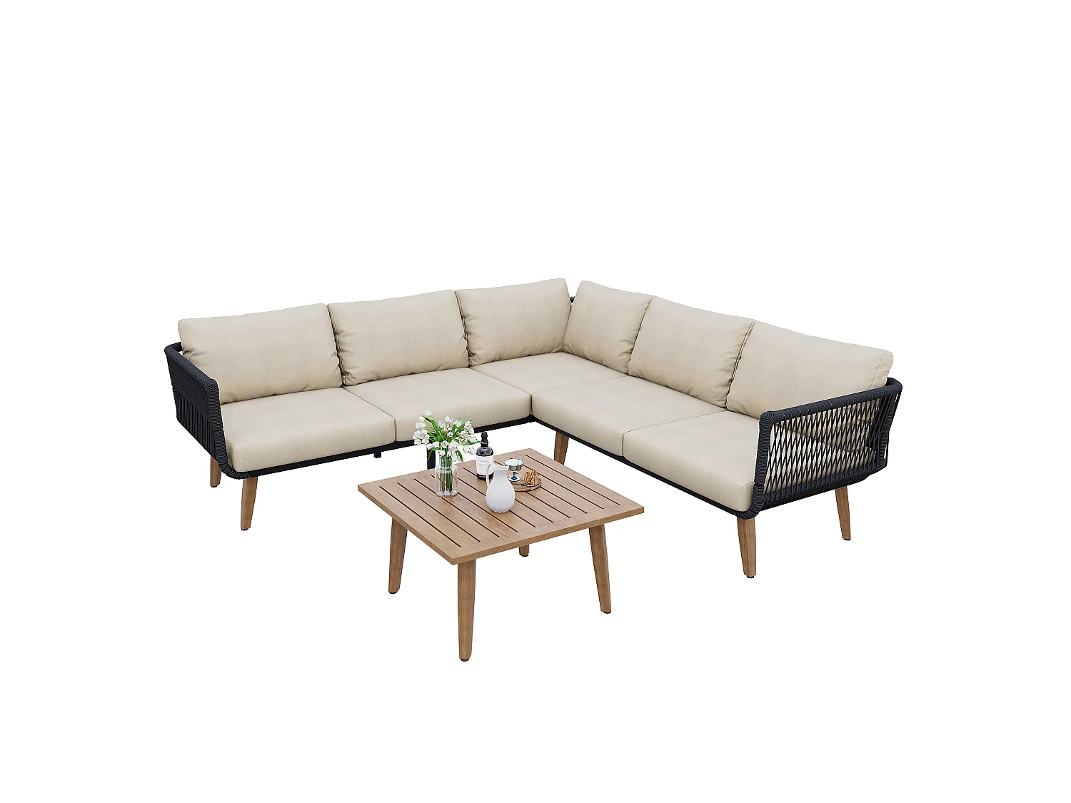 Salon de jardin modulable beige et noir : 2 canapés + table basse - Finitions en corde tressée