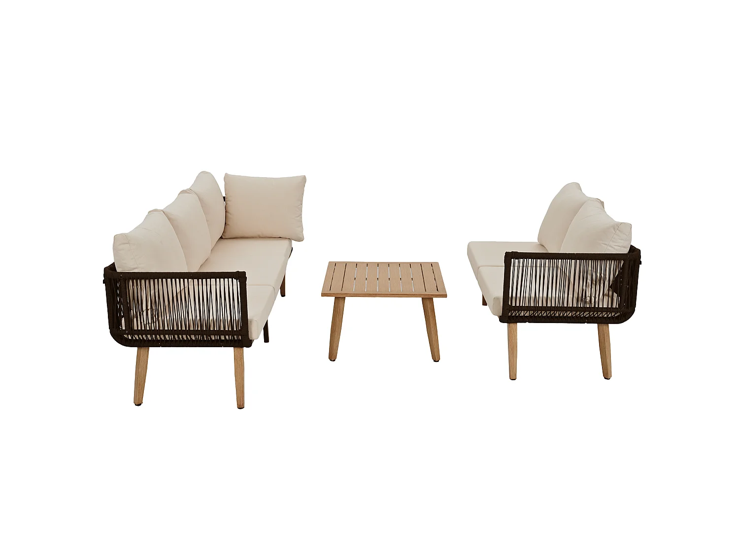 Salon de jardin modulable beige et noir : 2 canapés + table basse - Finitions en corde tressée