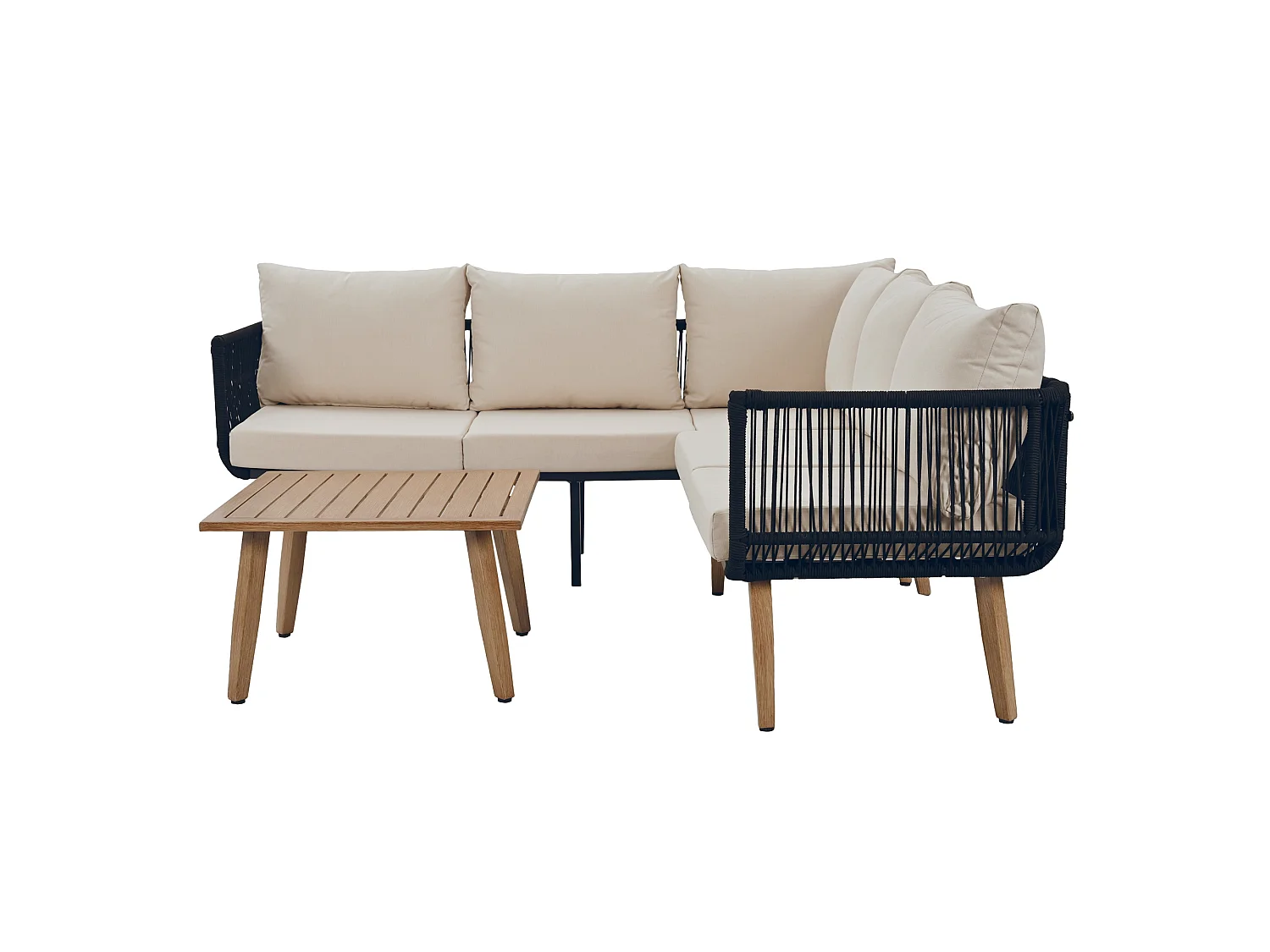 Salon de jardin modulable beige et noir : 2 canapés + table basse - Finitions en corde tressée
