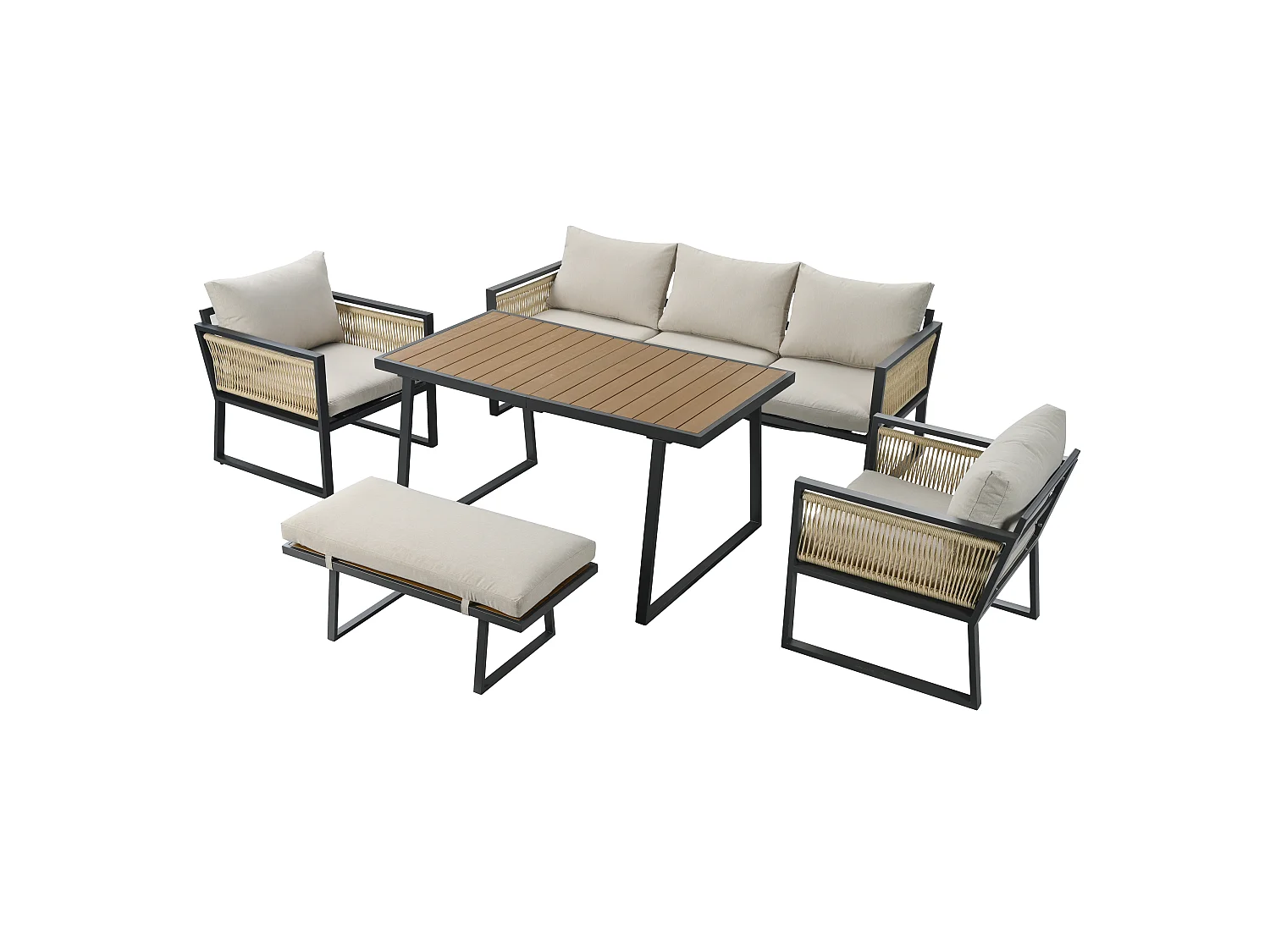 5-delige tuinset van staal en beige stof - 3-zitsbank, 2 fauteuils, kruk en tafel van 130x70 cm