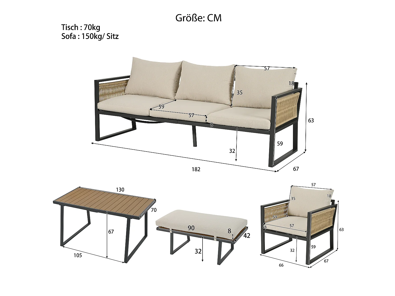 5-delige tuinset van staal en beige stof - 3-zitsbank, 2 fauteuils, kruk en tafel van 130x70 cm