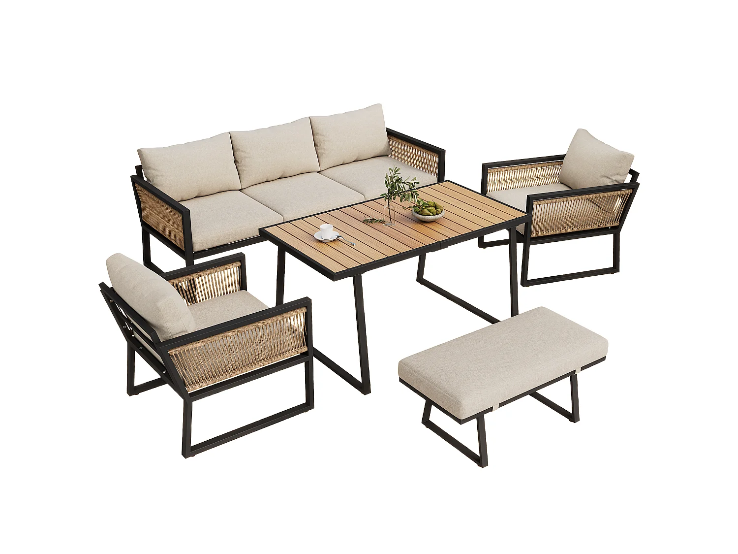 5-delige tuinset van staal en beige stof - 3-zitsbank, 2 fauteuils, kruk en tafel van 130x70 cm