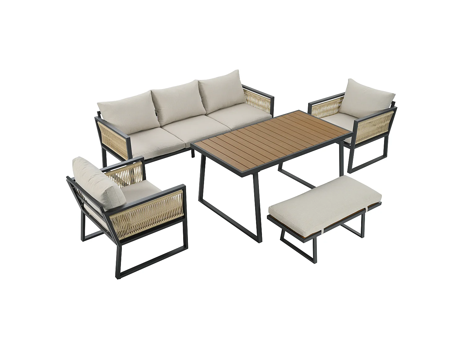 5-delige tuinset van staal en beige stof - 3-zitsbank, 2 fauteuils, kruk en tafel van 130x70 cm
