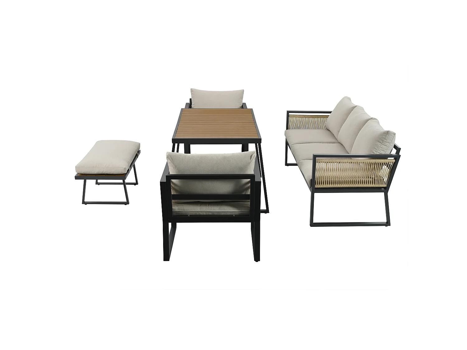 5-delige tuinset van staal en beige stof - 3-zitsbank, 2 fauteuils, kruk en tafel van 130x70 cm