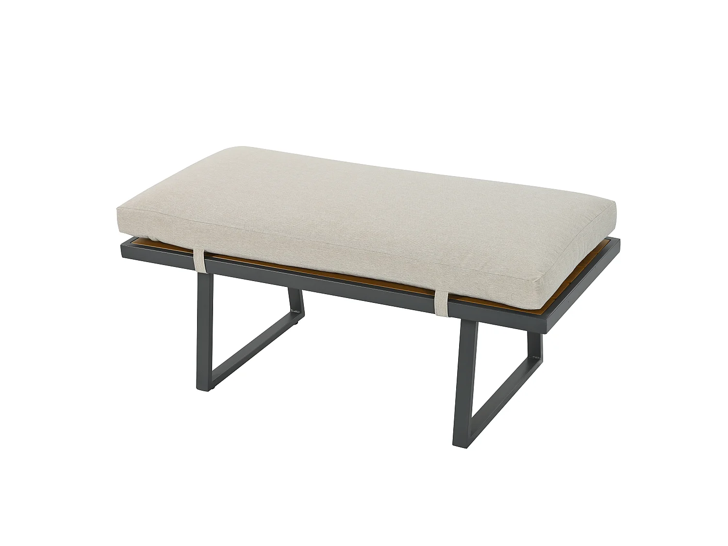 5-delige tuinset van staal en beige stof - 3-zitsbank, 2 fauteuils, kruk en tafel van 130x70 cm